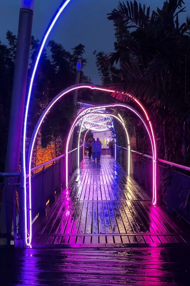 Allee Bridge with coloured archway leading to the hub with lights above